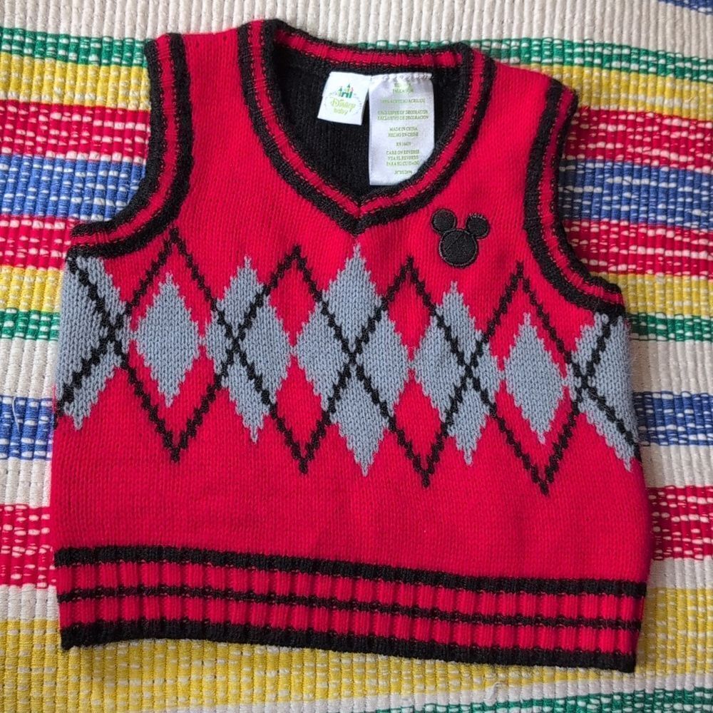 Disney Baby red and black argyle knit sweater vest with embroidered Mickey mouse